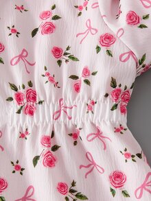 SHEIN 女童粉色花朵蝴蝶結印花長袖厚絨內裡連帽外套，秋冬冬季加厚連帽長版夾克 - 粉色 - 查看 11