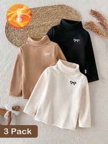 SHEIN 3pcs Girls' High Neck Black, White, Brown Long Sleeve T-Shirts With White Fleece Lining, Suitable For Daily Wear And Autumn/Winter - Multicolor - View 4