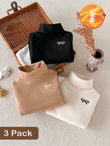SHEIN 3pcs Girls' High Neck Black, White, Brown Long Sleeve T-Shirts With White Fleece Lining, Suitable For Daily Wear And Autumn/Winter - Multicolor - View 8