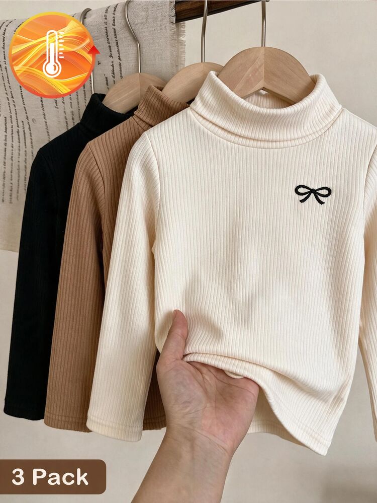 SHEIN 3pcs Girls' High Neck Black, White, Brown Long Sleeve T-Shirts With White Fleece Lining, Suitable For Daily Wear And Autumn/Winter - Multicolor - View 9