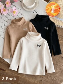 SHEIN 3pcs Girls' High Neck Black, White, Brown Long Sleeve T-Shirts With White Fleece Lining, Suitable For Daily Wear And Autumn/Winter - Multicolor - View 2