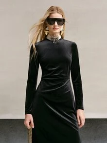 MOTF PREMIUM SMALL HIGH NECK VELVET & CONTRAST LACE LONG DRESS, AUTUMN/WINTER - Black - View 6