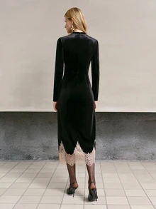 MOTF PREMIUM SMALL HIGH NECK VELVET & CONTRAST LACE LONG DRESS, AUTUMN/WINTER - Black - View 3