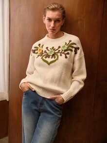 MOTF WOMEN'S FLORAL PATTERN DROP SHOULDER SWEATER - Apricot - View 6