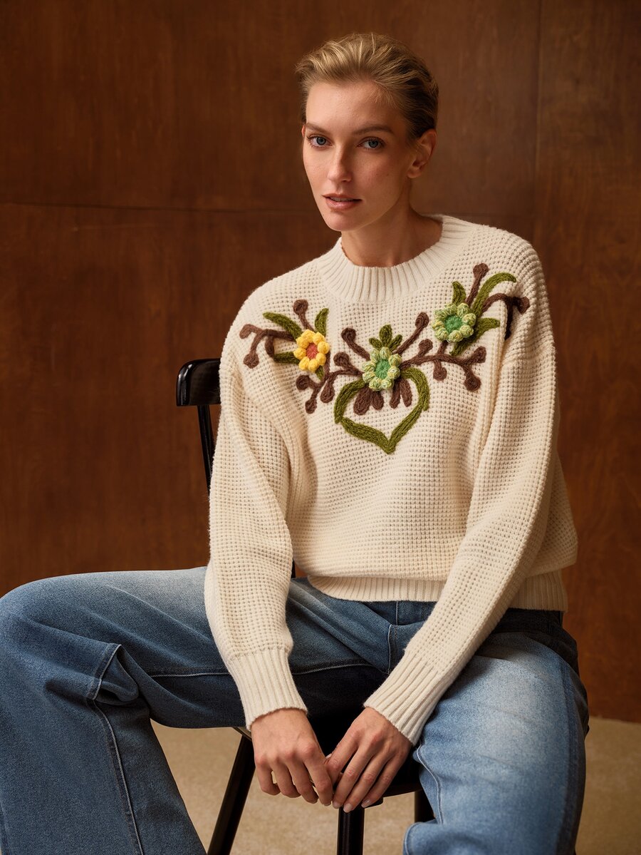 MOTF WOMEN'S FLORAL PATTERN DROP SHOULDER SWEATER - Apricot - View 1