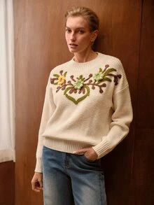 MOTF WOMEN'S FLORAL PATTERN DROP SHOULDER SWEATER - Apricot - View 5