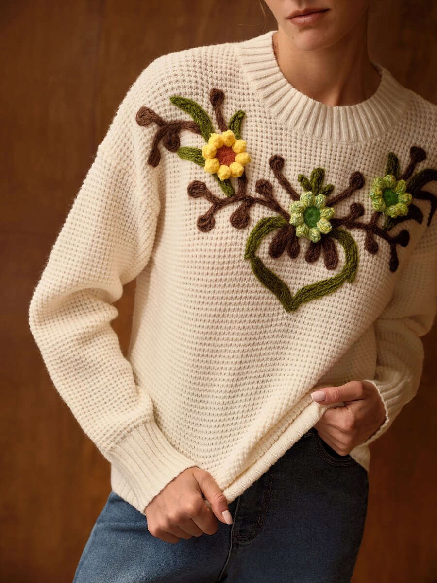 MOTF WOMEN'S FLORAL PATTERN DROP SHOULDER SWEATER - Apricot - View 2