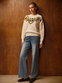 MOTF WOMEN'S FLORAL PATTERN DROP SHOULDER SWEATER - Apricot - View 4