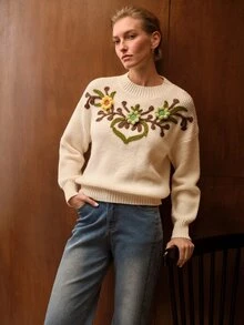 MOTF WOMEN'S FLORAL PATTERN DROP SHOULDER SWEATER - Apricot - View 7