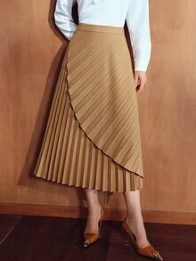 MOTF PREMIUM AUTUMN/WINTER ELEGANT HIGH-END OFFICE COMMUTE SUIT FABRIC ASYMMETRICAL DRAPED WRAP MID-LENGTH SKIRT IN KHAKI FOR WOMEN - Khaki - View 7