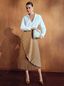 MOTF PREMIUM AUTUMN/WINTER ELEGANT HIGH-END OFFICE COMMUTE SUIT FABRIC ASYMMETRICAL DRAPED WRAP MID-LENGTH SKIRT IN KHAKI FOR WOMEN - Khaki - View 3