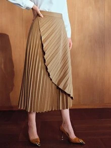 MOTF PREMIUM AUTUMN/WINTER ELEGANT HIGH-END OFFICE COMMUTE SUIT FABRIC ASYMMETRICAL DRAPED WRAP MID-LENGTH SKIRT IN KHAKI FOR WOMEN - Khaki - View 6