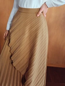MOTF PREMIUM AUTUMN/WINTER ELEGANT HIGH-END OFFICE COMMUTE SUIT FABRIC ASYMMETRICAL DRAPED WRAP MID-LENGTH SKIRT IN KHAKI FOR WOMEN - Khaki - View 2