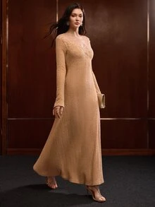 MOTF PREMIUM WOMEN'S AUTUMN/WINTER EMBROIDERED BEADED COLLAR FLARED SLEEVE CINCHED WAIST A-LINE KNIT DRESS - Khaki - View 5