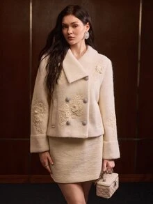 MOTF PREMIUM WOMEN'S DOUBLE BREASTED EMBROIDERED TEXTURED WOOL SHORT JACKET, AUTUMN/WINTER - Beige - View 4