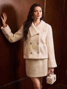 MOTF PREMIUM WOMEN'S DOUBLE BREASTED EMBROIDERED TEXTURED WOOL SHORT JACKET, AUTUMN/WINTER - Beige - View 7