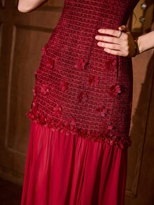 MOTF PREMIUM WOMEN'S ELEGANT SLEEVELESS CHIFFON PLEATED PATCHWORK DRESS WITH APPLIQUE DECOR, AUTUMN/WINTER - Red - View 4