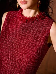 MOTF PREMIUM WOMEN'S ELEGANT SLEEVELESS CHIFFON PLEATED PATCHWORK DRESS WITH APPLIQUE DECOR, AUTUMN/WINTER - Red - View 1