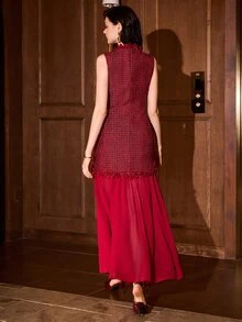 MOTF PREMIUM WOMEN'S ELEGANT SLEEVELESS CHIFFON PLEATED PATCHWORK DRESS WITH APPLIQUE DECOR, AUTUMN/WINTER - Red - View 5