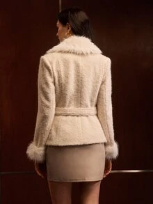 MOTF PREMIUM WOMEN'S AUTUMN/WINTER FUR COLLAR CINCHED WAIST TEXTURED SINGLE-SIDED WOOL SHORT JACKET - Apricot - View 4