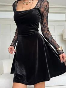 SHEIN EZwear فستان نسائي من المخمل الأسود والدانتيل - الأسود - مشاهدة 3