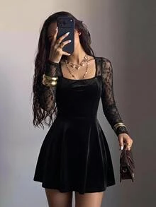 SHEIN EZwear فستان نسائي من المخمل الأسود والدانتيل - الأسود - مشاهدة 1