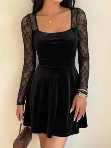 SHEIN EZwear فستان نسائي من المخمل الأسود والدانتيل - الأسود - مشاهدة 4