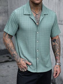 Manfinity Homme 男士純色鼠尾草綠單排扣休閒熱帶短袖襯衫 度假夏季款 - 藍色 - 查看 6