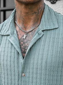 Manfinity Homme 男士純色鼠尾草綠單排扣休閒熱帶短袖襯衫 度假夏季款 - 藍色 - 查看 3