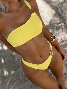 Swim Basics Women's Yellow Solid Color Bikini Set, Two Pieces Swimwear Bathing Suit For Summer Casual Beach Holiday Vacation, One Shoulder Ribbed Swimwear - Yellow - View 4