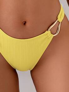 Swim Basics Women's Yellow Solid Color Bikini Set, Two Pieces Swimwear Bathing Suit For Summer Casual Beach Holiday Vacation, One Shoulder Ribbed Swimwear - Yellow - View 7