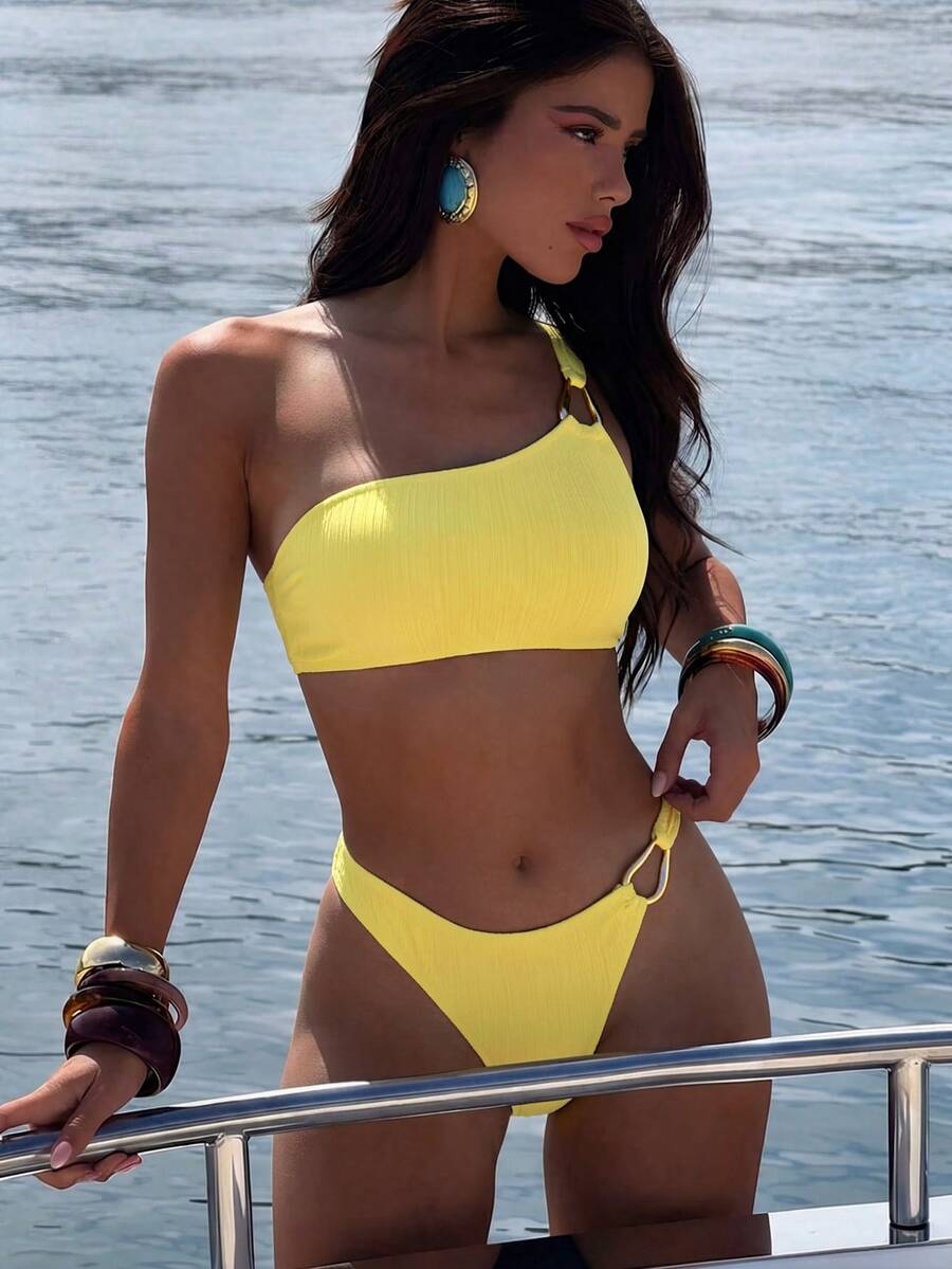 Swim Basics Women's Yellow Solid Color Bikini Set, Two Pieces Swimwear Bathing Suit For Summer Casual Beach Holiday Vacation, One Shoulder Ribbed Swimwear - Yellow - View 1