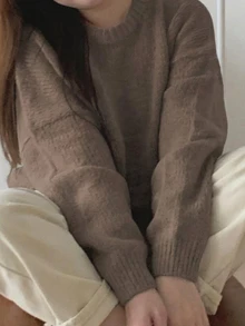 Dazy Plus Plus Size Women's Solid Color Casual Capsule Versatile Daily Wear Long Sleeve Sweater Homewear Evening Fall - Khaki - View 1