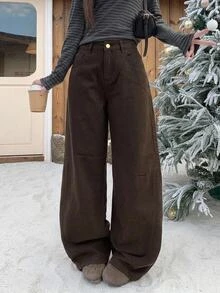 DAZY Women's Cargo Pocket Wide Leg Loose Casual Denim Jeans - Brown - View 2