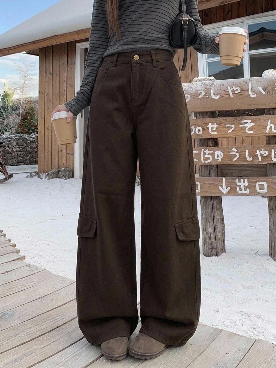 DAZY Women's Cargo Pocket Wide Leg Loose Casual Denim Jeans - Brown - View 1