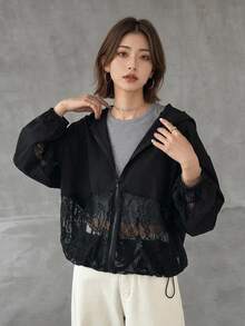 FRIFUL Summer New Solid Color Hooded Patchwork Sheer Lace Fabric Casual Versatile Lightweight Jacket - Black - View 1