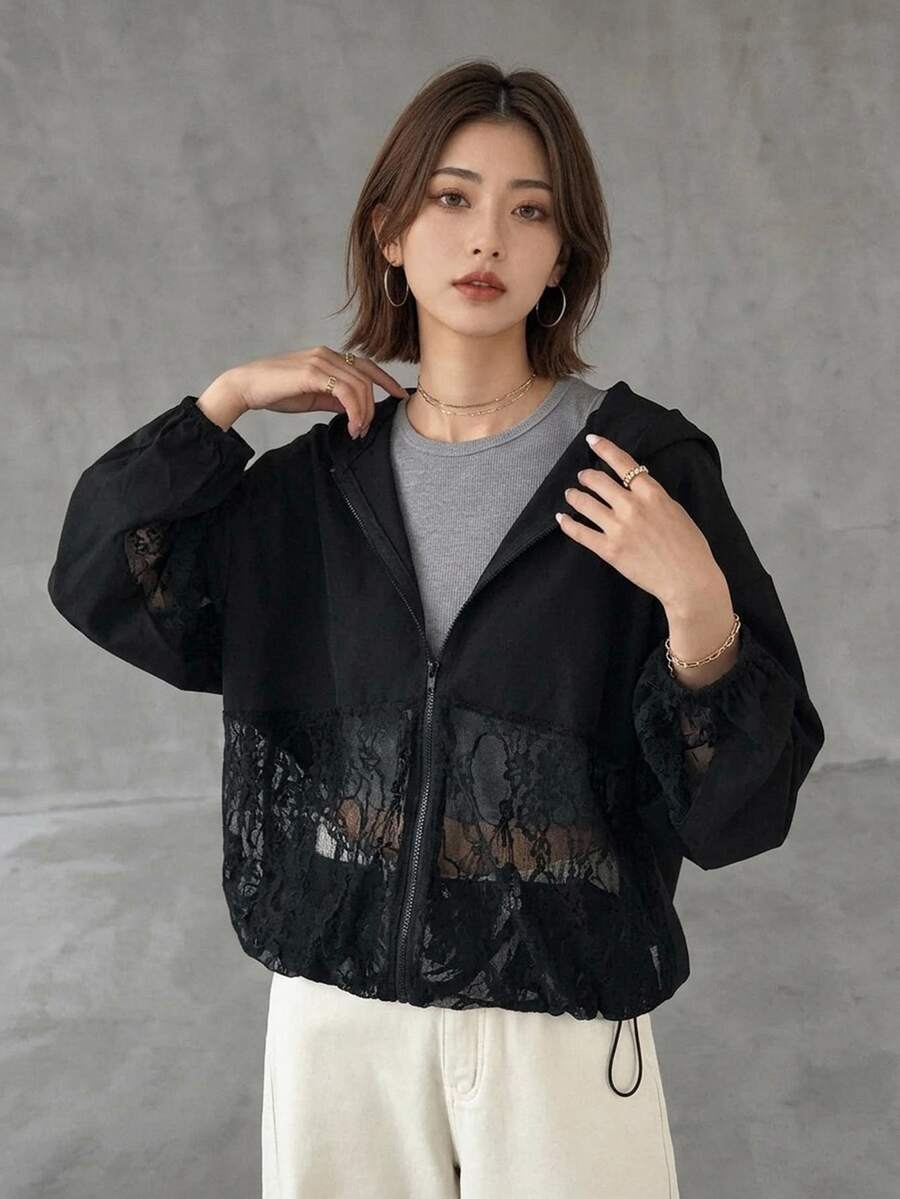 FRIFUL Summer New Solid Color Hooded Patchwork Sheer Lace Fabric Casual Versatile Lightweight Jacket - Black - View 1