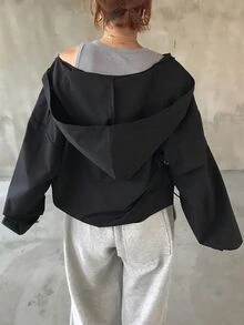 FRIFUL Summer New Solid Color Hooded Patchwork Sheer Lace Fabric Casual Versatile Lightweight Jacket - Black - View 2