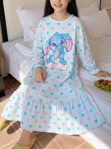 SHEIN 少女秋冬休閒保暖內裡加厚雙面絨珊瑚絨甜美蝴蝶結愛心卡通兔子印花寬鬆長款連帽套頭睡袍家居服淺藍色 - 淺藍色 - 查看 2