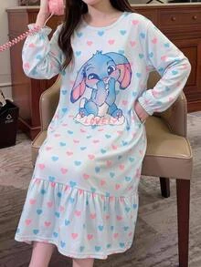 SHEIN 少女秋冬休閒保暖內裡加厚雙面絨珊瑚絨甜美蝴蝶結愛心卡通兔子印花寬鬆長款連帽套頭睡袍家居服淺藍色 - 淺藍色 - 查看 8