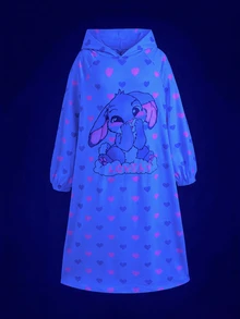 SHEIN 少女秋冬休閒保暖內裡加厚雙面絨珊瑚絨甜美蝴蝶結愛心卡通兔子印花寬鬆長款連帽套頭睡袍家居服淺藍色 - 淺藍色 - 查看 6