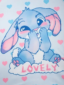 SHEIN 少女秋冬休閒保暖內裡加厚雙面絨珊瑚絨甜美蝴蝶結愛心卡通兔子印花寬鬆長款連帽套頭睡袍家居服淺藍色 - 淺藍色 - 查看 4