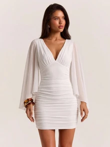 SHEIN BAE فستان أنيق قصير للنساء بياقة عميقة على شكل حرف V وأكمام مكشكشة باللون الأبيض السادة للخريف والشتاء - أبيض - مشاهدة 3