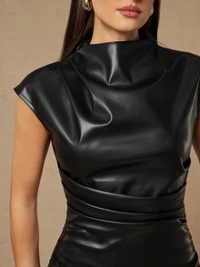Silquee 女款純色PU皮革時尚約會派對迷你洋裝 - 黑色 - 查看 9
