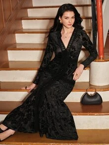 Anewsta Autumn Black Flocked Burnout Lace V-Neck Long Sleeve Atmospheric Date Party Commute Vacation Long Dress For Women - Black - View 2