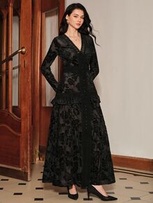 Anewsta Autumn Black Flocked Burnout Lace V-Neck Long Sleeve Atmospheric Date Party Commute Vacation Long Dress For Women - Black - View 5