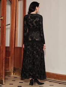 Anewsta Autumn Black Flocked Burnout Lace V-Neck Long Sleeve Atmospheric Date Party Commute Vacation Long Dress For Women - Black - View 7