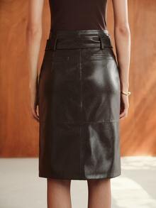 Anewsta Essential Anewsta Vintage Distressed Cracked PU Leather Skirt For Women, High Waist With Belt, Back Slit, Straight Slimming Leather Skirt - Brown - View 2