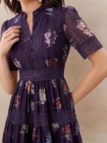 Anewsta Women's Fall/Winter Elegant Dark Purple Floral Embroidery Lace Trim Cinched Waist Long Dress For Wedding Guest Party Date Night - Purple - View 7