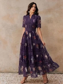 Anewsta Women's Fall/Winter Elegant Dark Purple Floral Embroidery Lace Trim Cinched Waist Long Dress For Wedding Guest Party Date Night - Purple - View 3